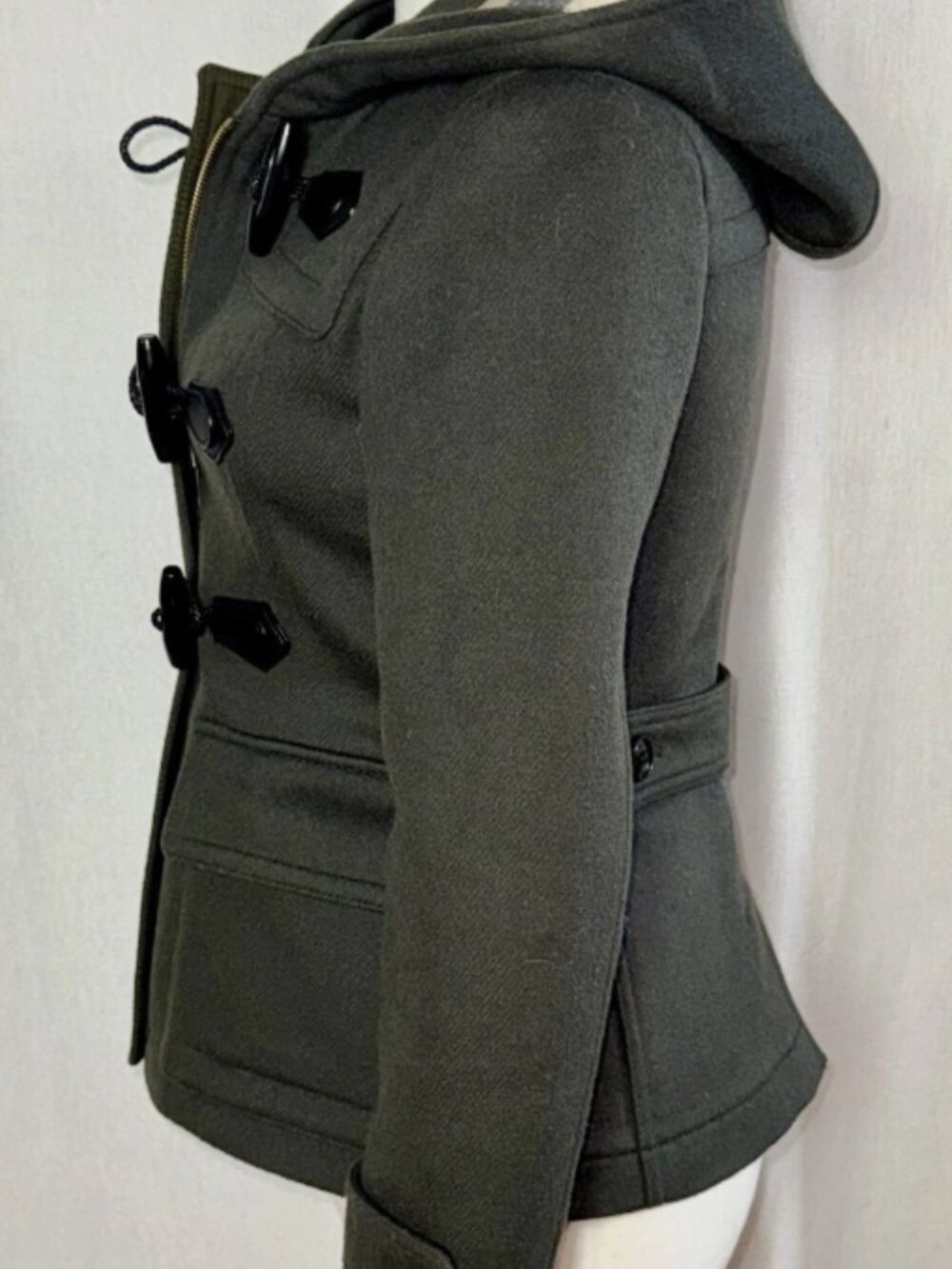Burberry Olive Hooded Wool Toggle Pea Coat with Check Hood Lining - Picture 11 of 16